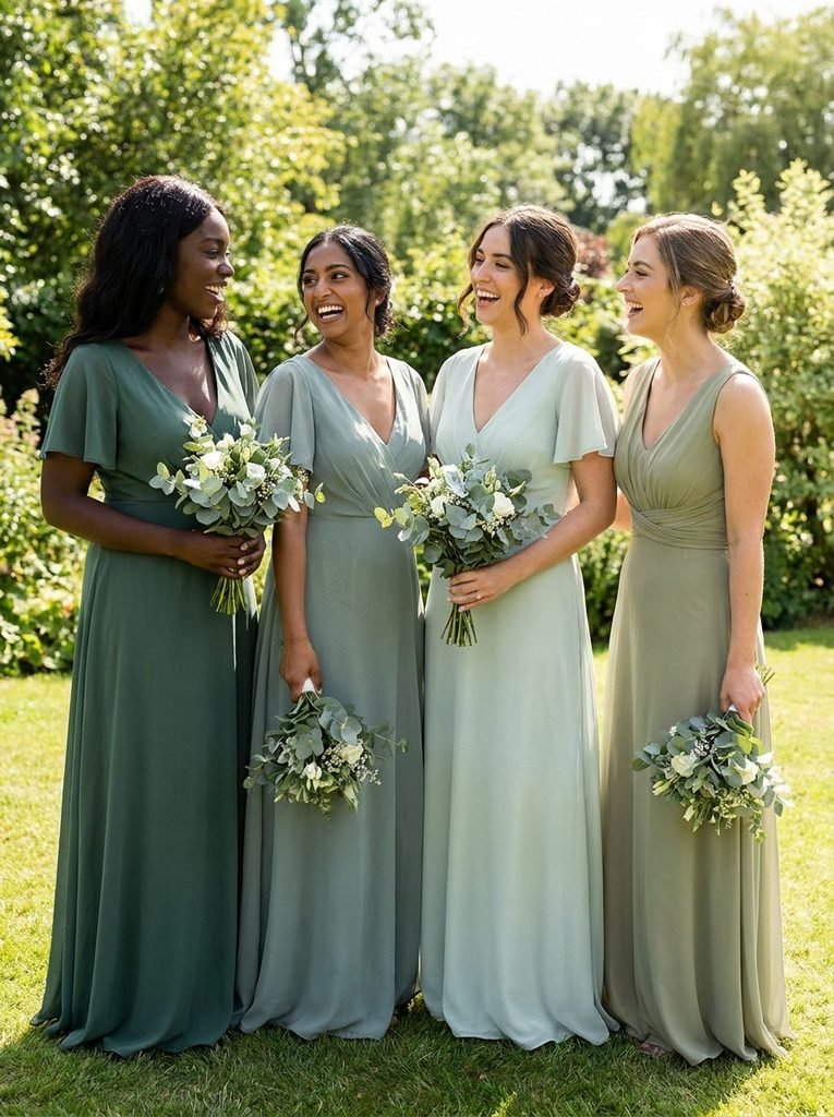 Four bridesmaids of different skin tones wearing different shades of sage green