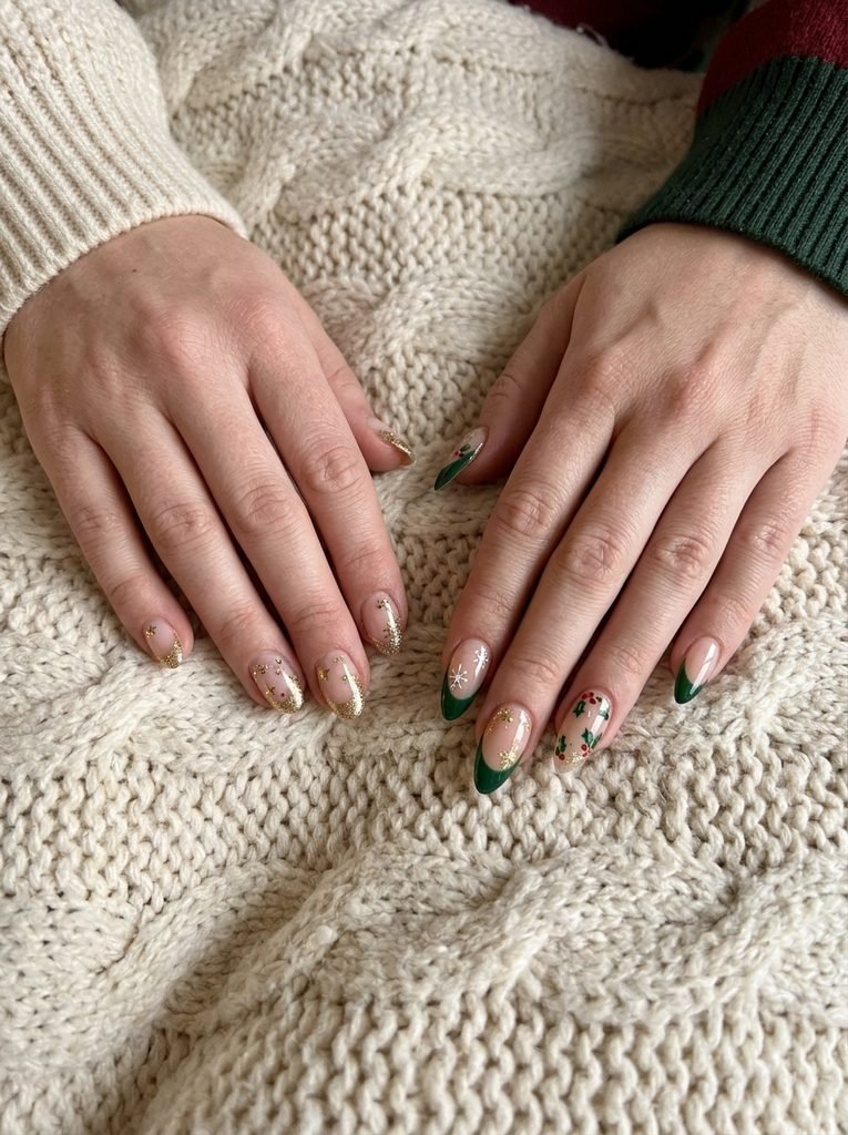 Short gold and long green Christmas French tip nails on a cream knit blanket