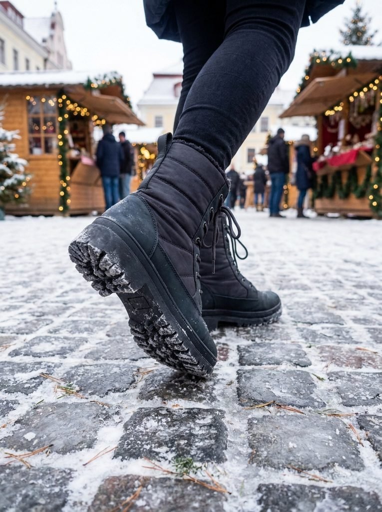 wearing woman insulated lace-up winter boots with grippy soles on frosty cobblestones at a Christmas market