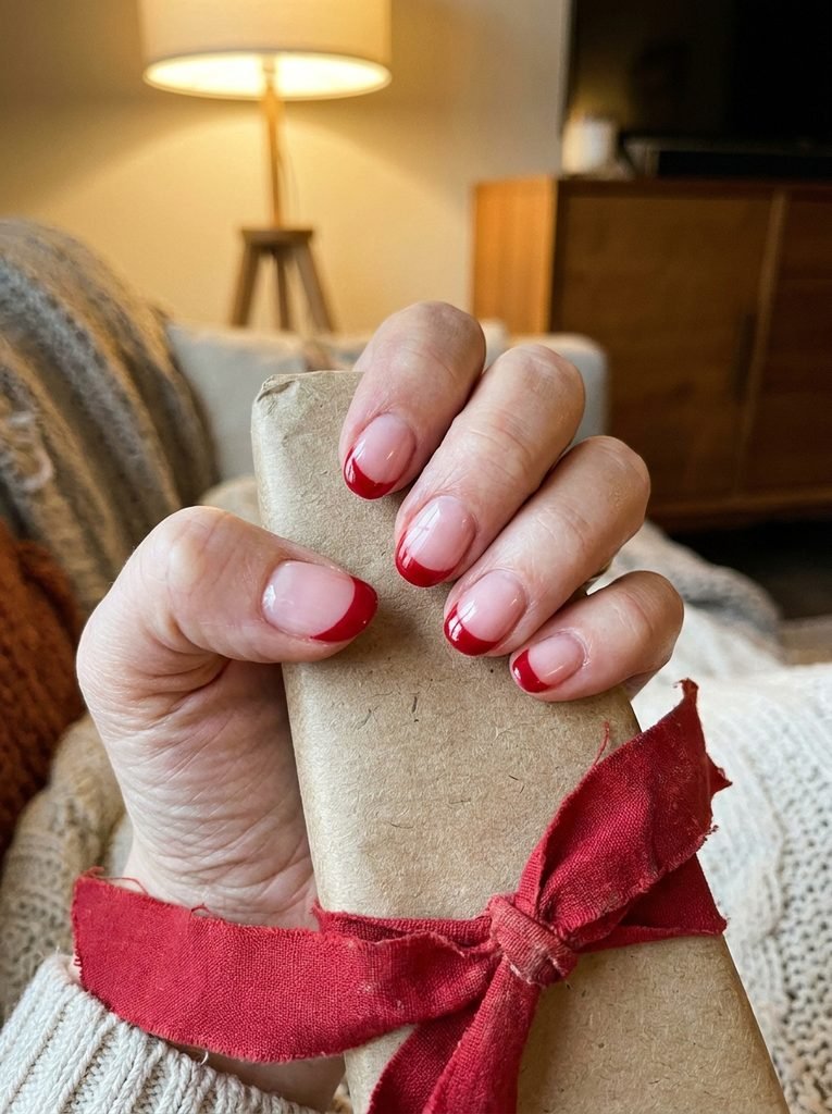 Red French tip nails holding a Christmas gift tied with ribbon
