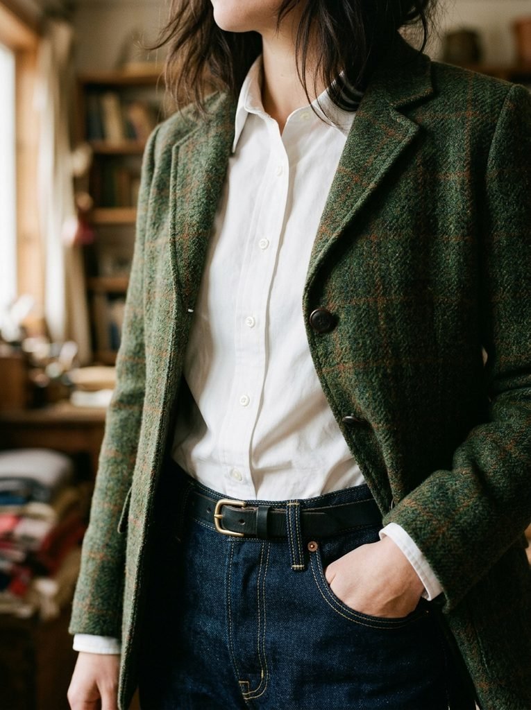 Close-up of a green tweed jacket with a white blouse and dark denim