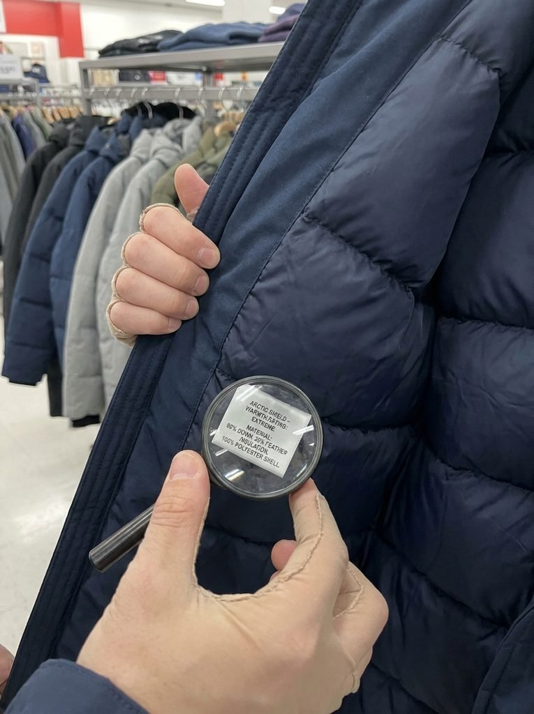  Hands checking the fabric label inside a winter coat to compare warmth and material