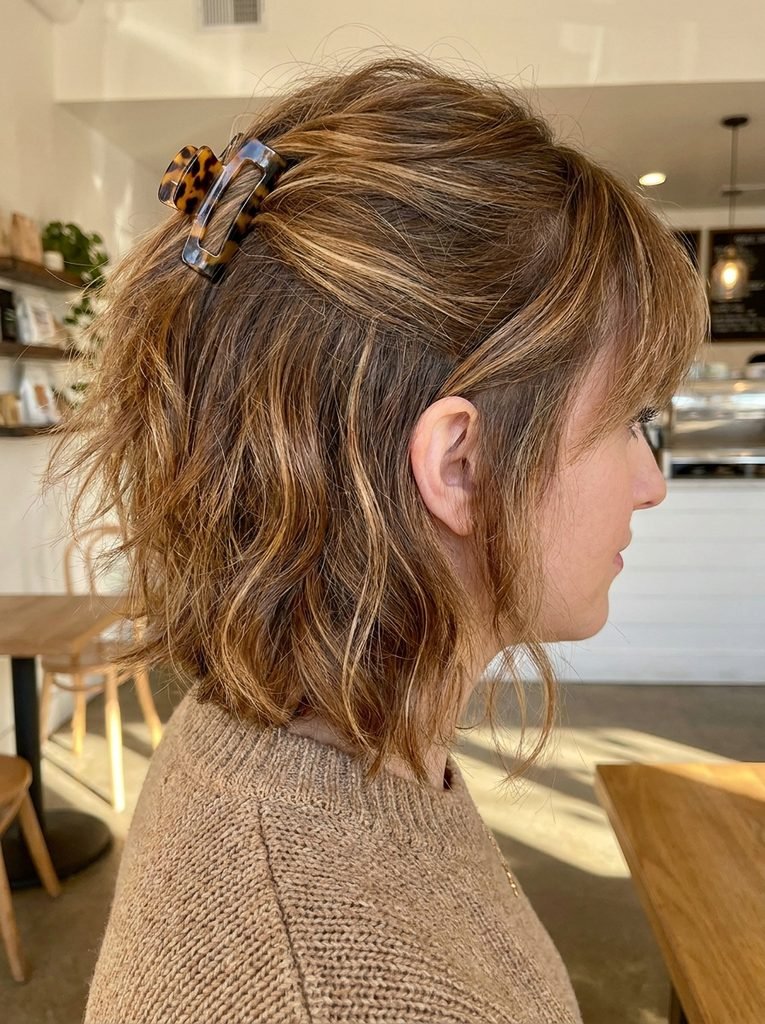 Shag haircut with caramel highlights, claw clip at the crown and one side tucked behind the ear