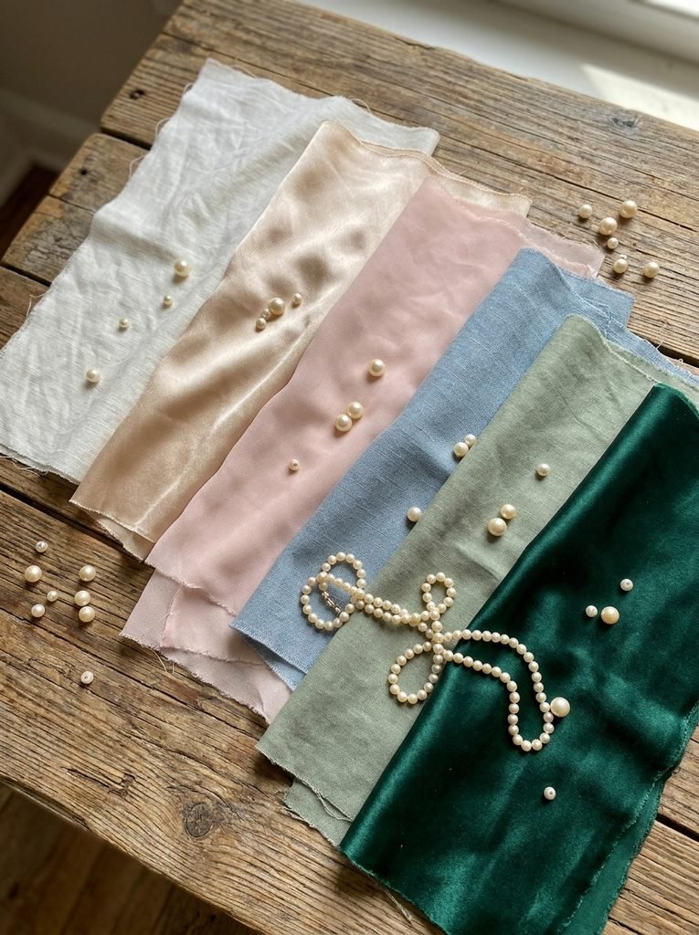 Swatches of ivory, champagne, blush, dusty blue, sage, and emerald fabric with pearls on a wooden table