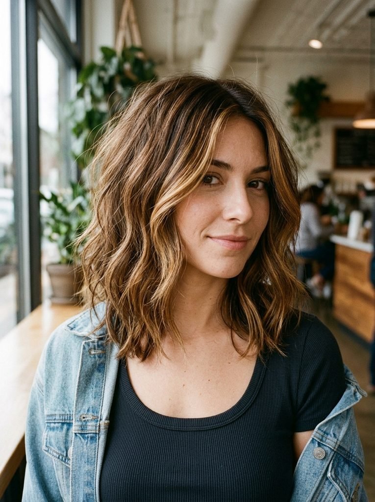Textured collarbone lob with caramel and honey dimension around the face