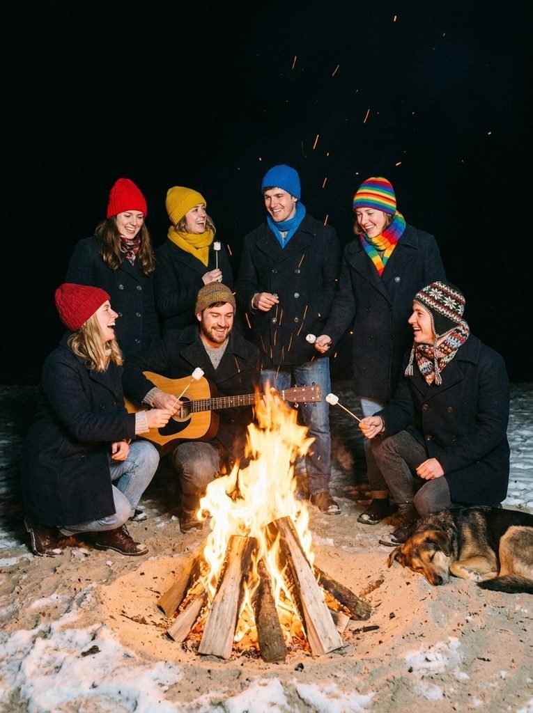 Friends in dark coats with bright hat and scarf accents beside a bonfire