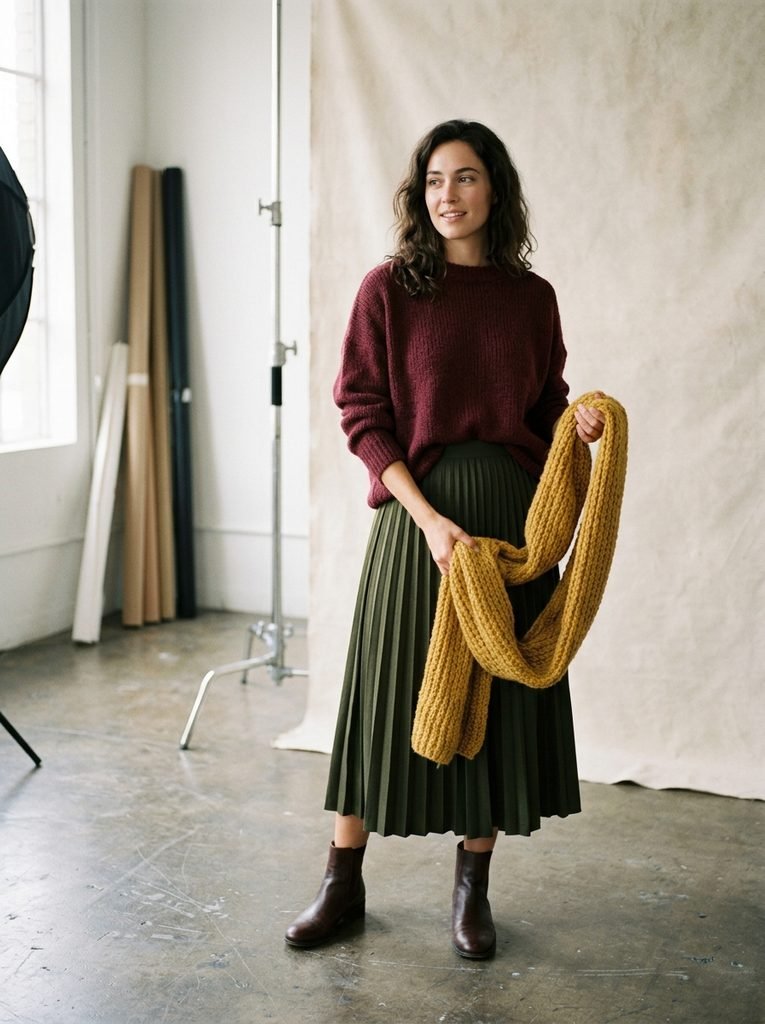 Model wearing an olive green midi skirt with a burgundy knit sweater and holding a mustard scarf in a studio