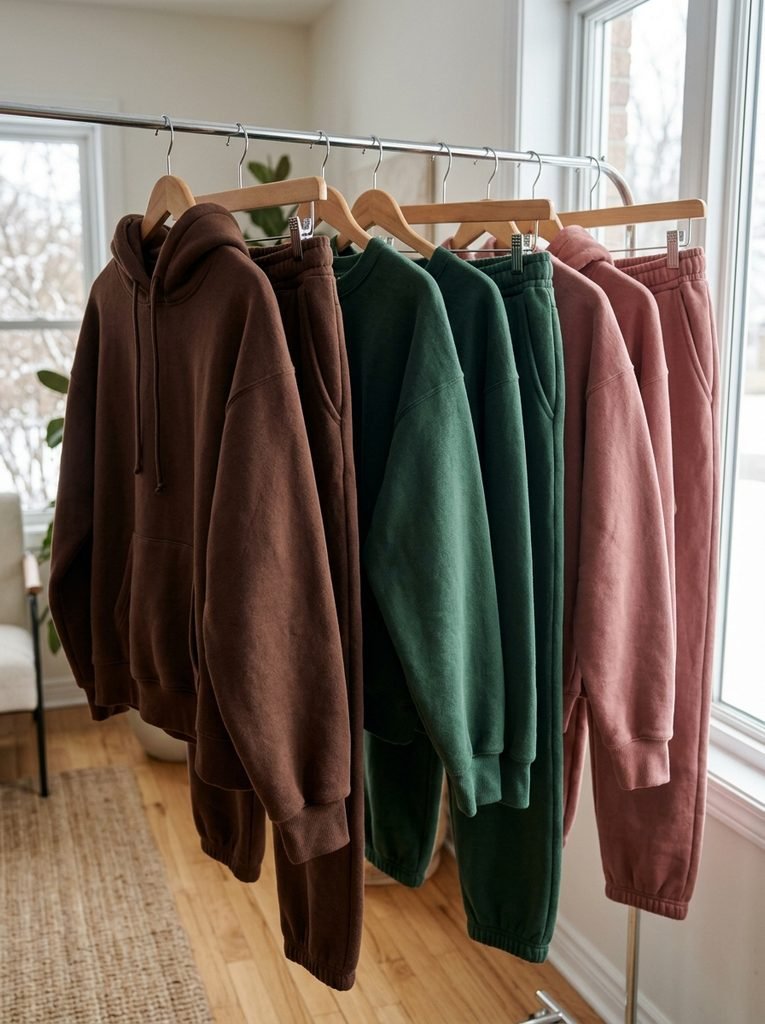 Chocolate brown, forest green, and dusty rose loungewear sets on a rail in soft winter daylight
