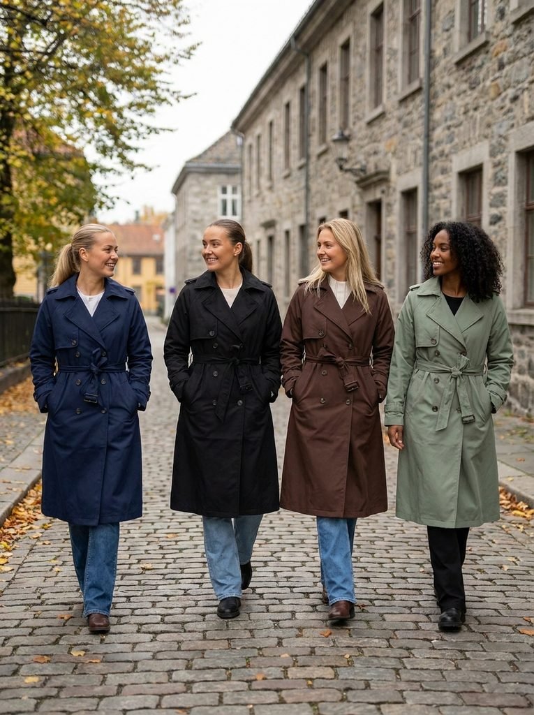 Navy, black, chocolate, and sage green trench coats wearing 4 womans