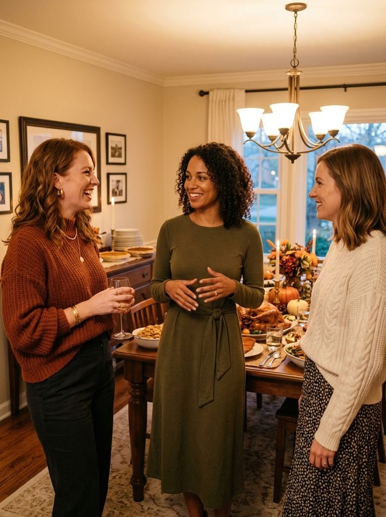 Three women in rust, olive, and ivory Thanksgiving outfits standing in a warmly lit dining room