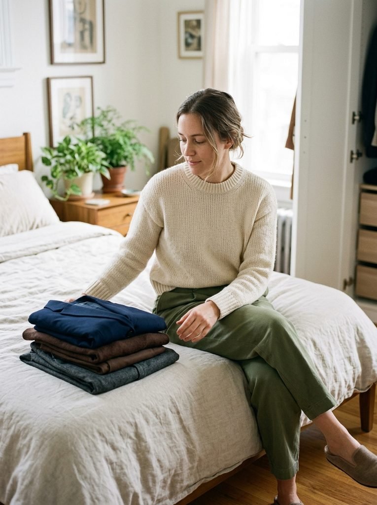 Woman in olive trousers and a cream knit with navy, chocolate, and gray work clothes folded nearby