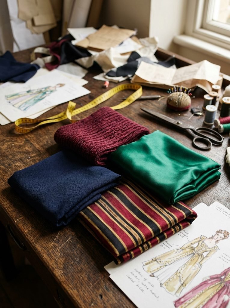Folded navy crepe, burgundy knit, emerald satin, and striped fabric samples for theatre outfits