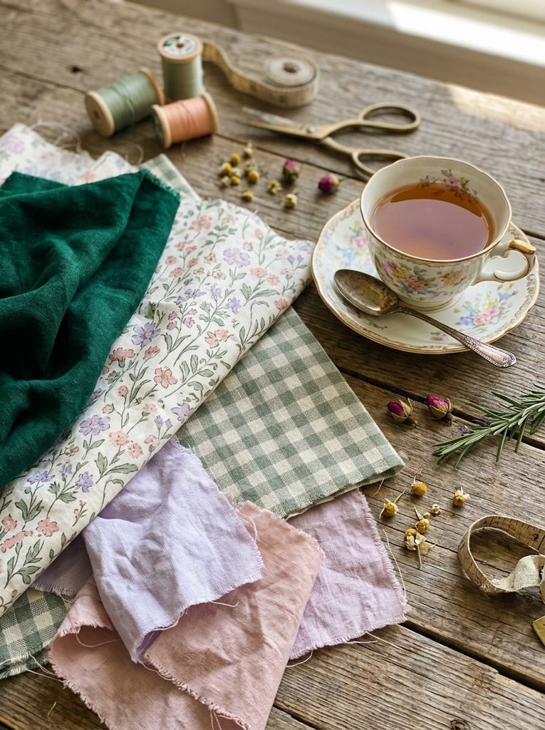 Pastel, floral, gingham, and emerald fabrics beside a porcelain teacup as afternoon tea color inspiration