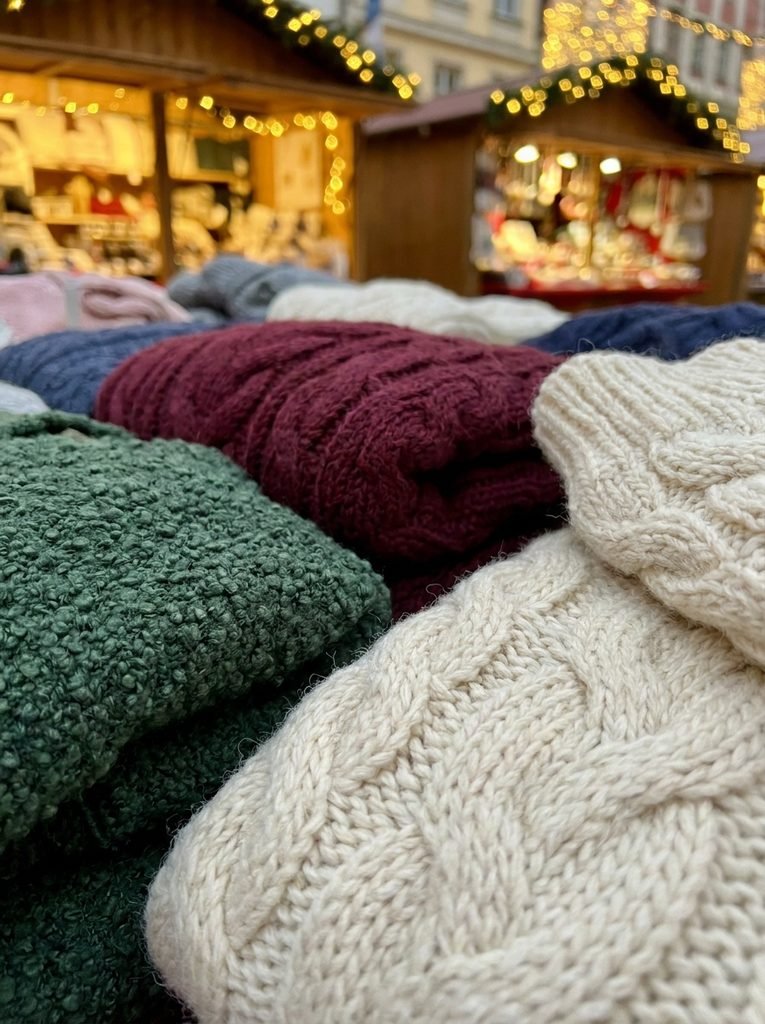 close-up of cable knit and boucle winter textures in cream, burgundy and green under warm Christmas market lights