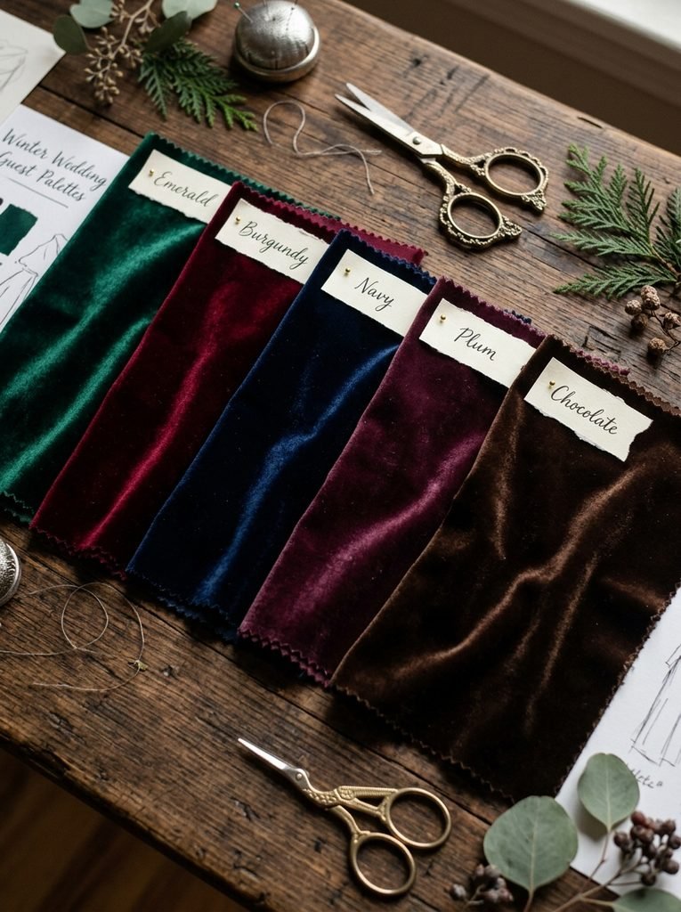 Velvet swatches in emerald, burgundy, navy, plum and chocolate for winter wedding guest outfits