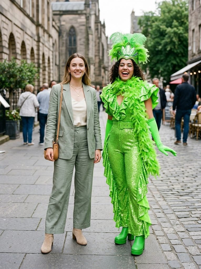 Comparison of a subtle sage green outfit and a head-to-toe bright green costume look