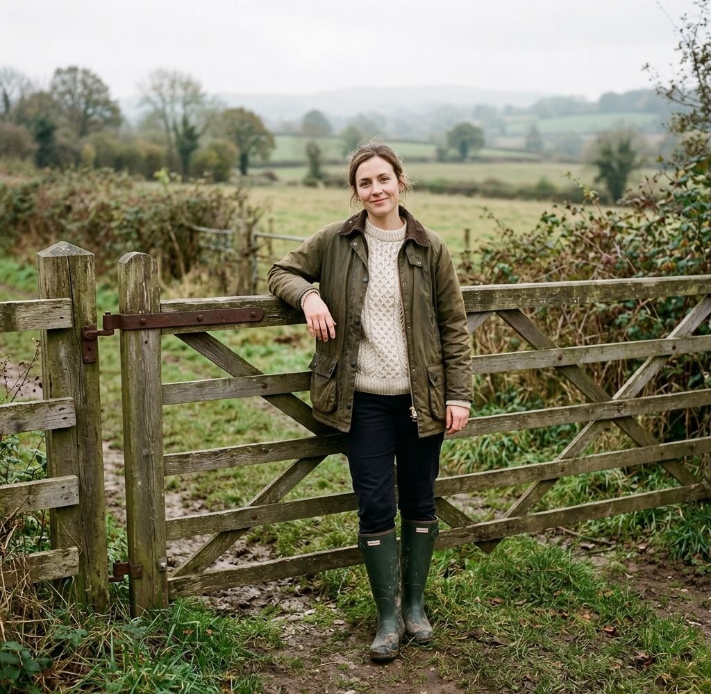 Woman in an olive waxed jacket, cream cable-knit sweater, and green wellies standing at a countryside field gate
