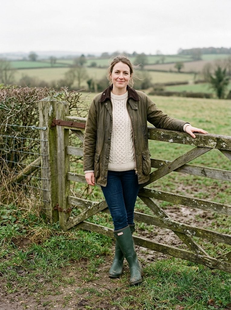 Woman in an olive waxed jacket, cream cable-knit sweater, and green wellies standing at a countryside field gate