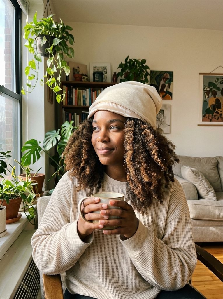 Woman with curly twist-out hair wearing a slouchy cream satin-lined beanie in a sunlit apartment