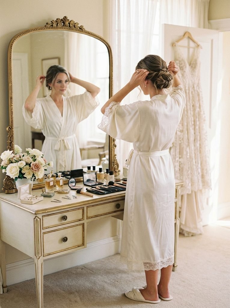 Bride in a mid-calf ivory kimono-sleeve robe adjusting her hair in front of a mirror