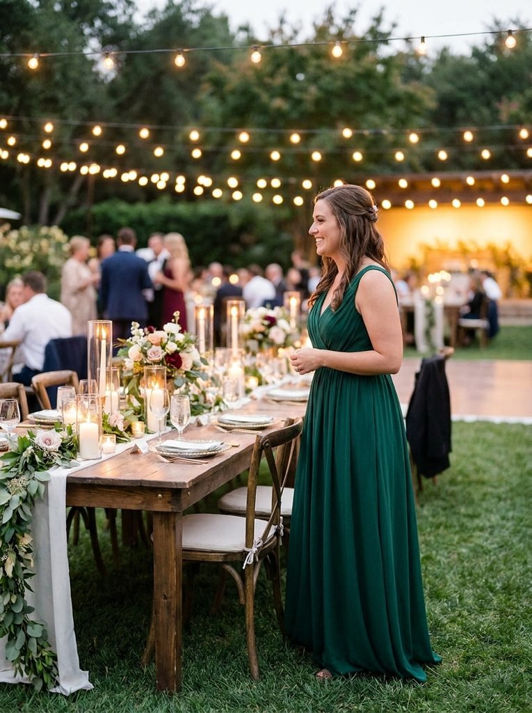 Bridesmaid in an emerald dress beside a candlelit table at a dusk wedding reception