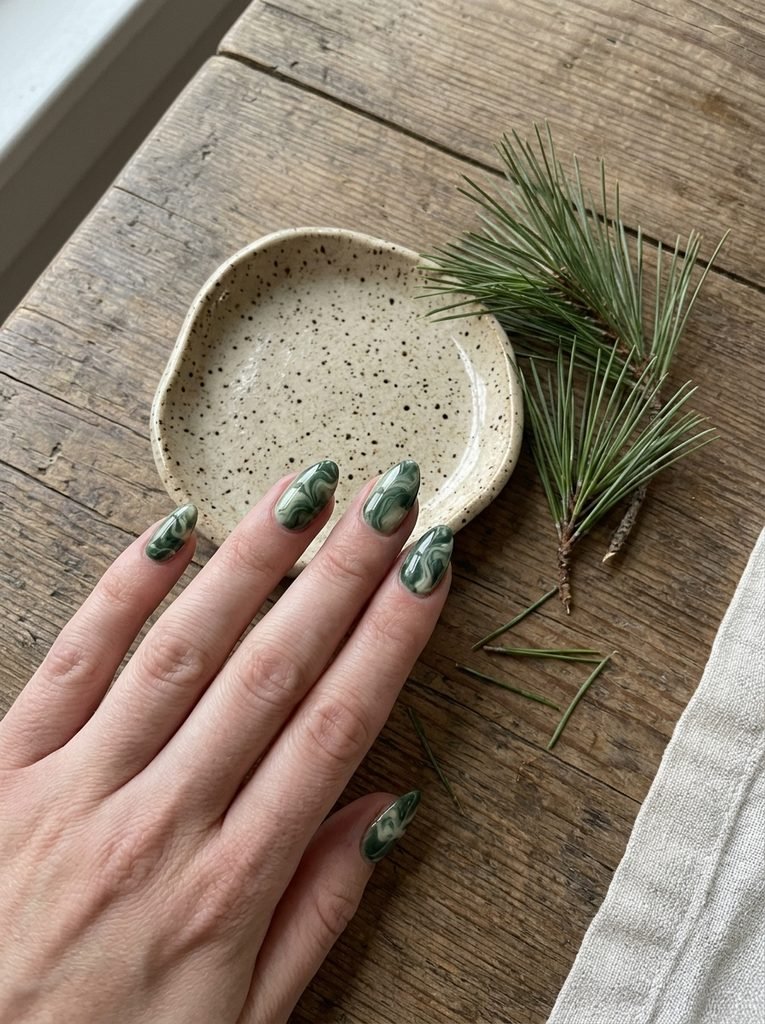 Green and ivory marbled nails beside a speckled ceramic dish and pine needles