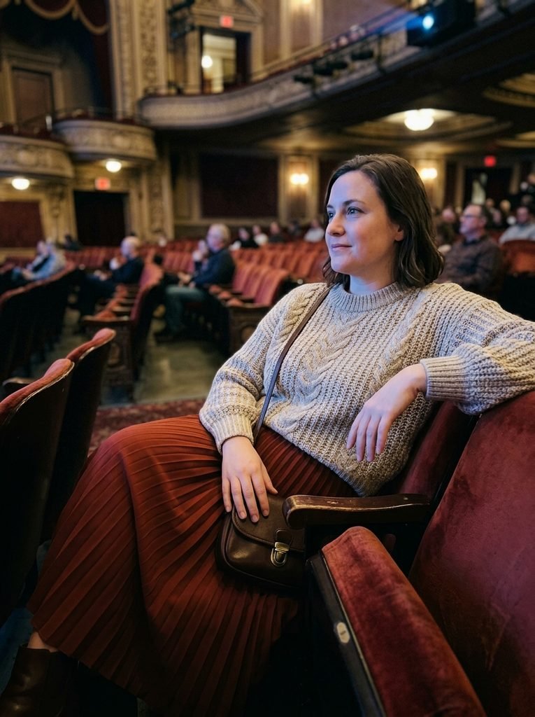 Woman seated comfortably in a theatre in a knit sweater and pleated skirt with a small bag on her lap