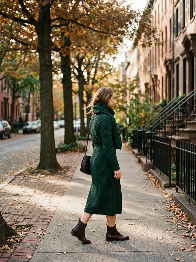 Woman in a deep green knit midi dress and scarf walking down a tree-lined street
