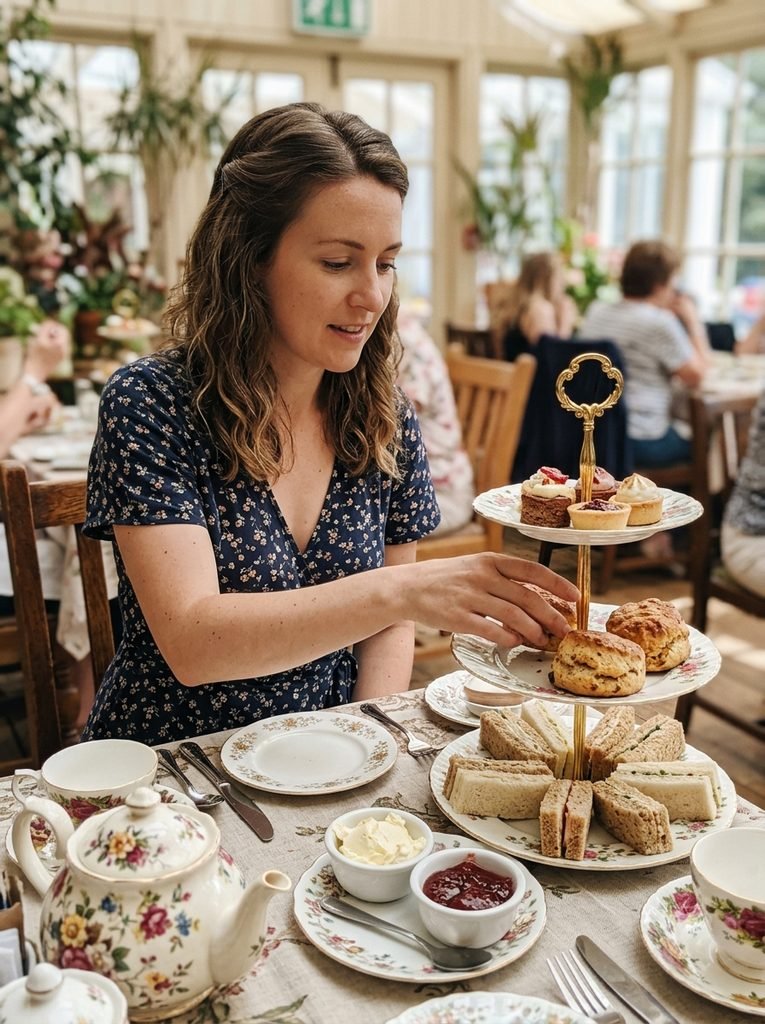 Woman in a short-sleeve wrap dress with pinned-back hair reaching for a scone from a tiered tea stand