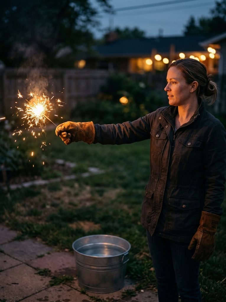Adult in leather gloves holding a lit sparkler at arm's length beside a bucket of water