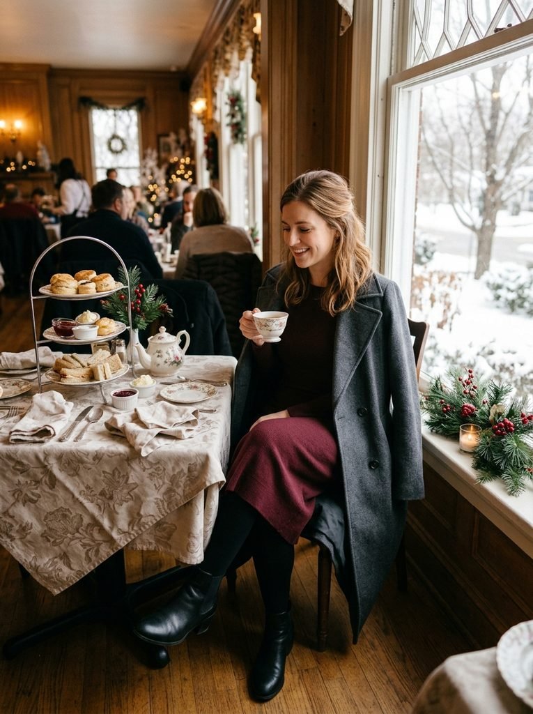 Woman in a burgundy midi dress, tights, and ankle boots with a wool coat at a winter afternoon tea table