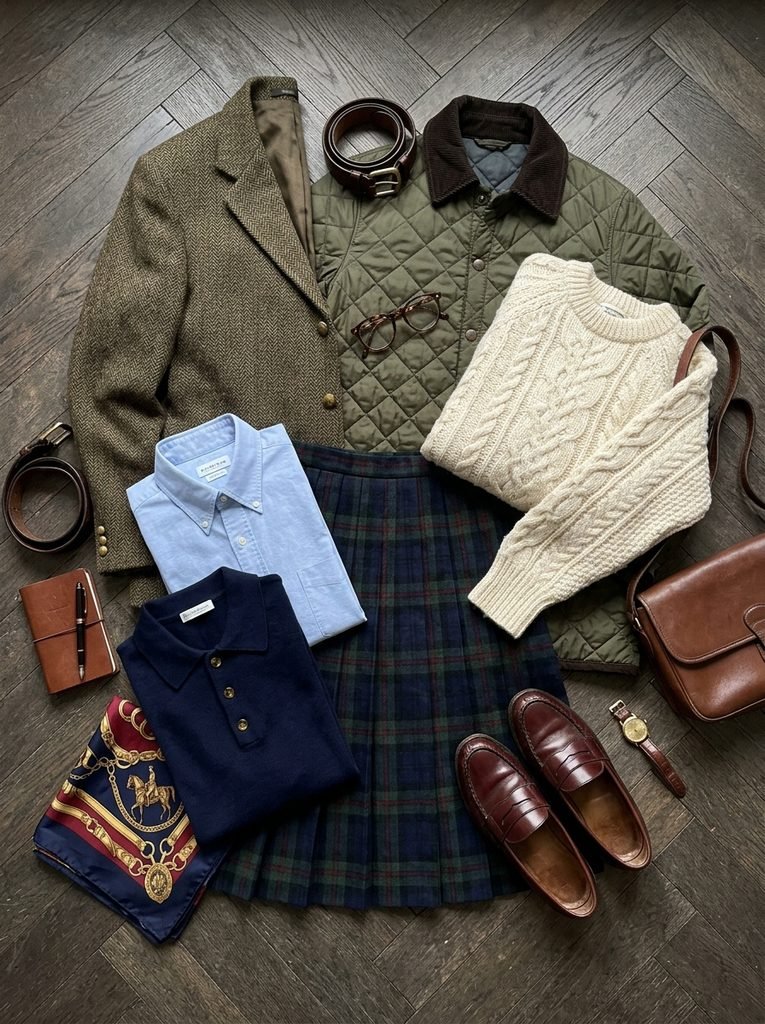 Flat lay of cable knit, Oxford shirt, pleated skirt, quilted jacket, tweed jacket, polo, loafers, and silk scarf for old money outfits