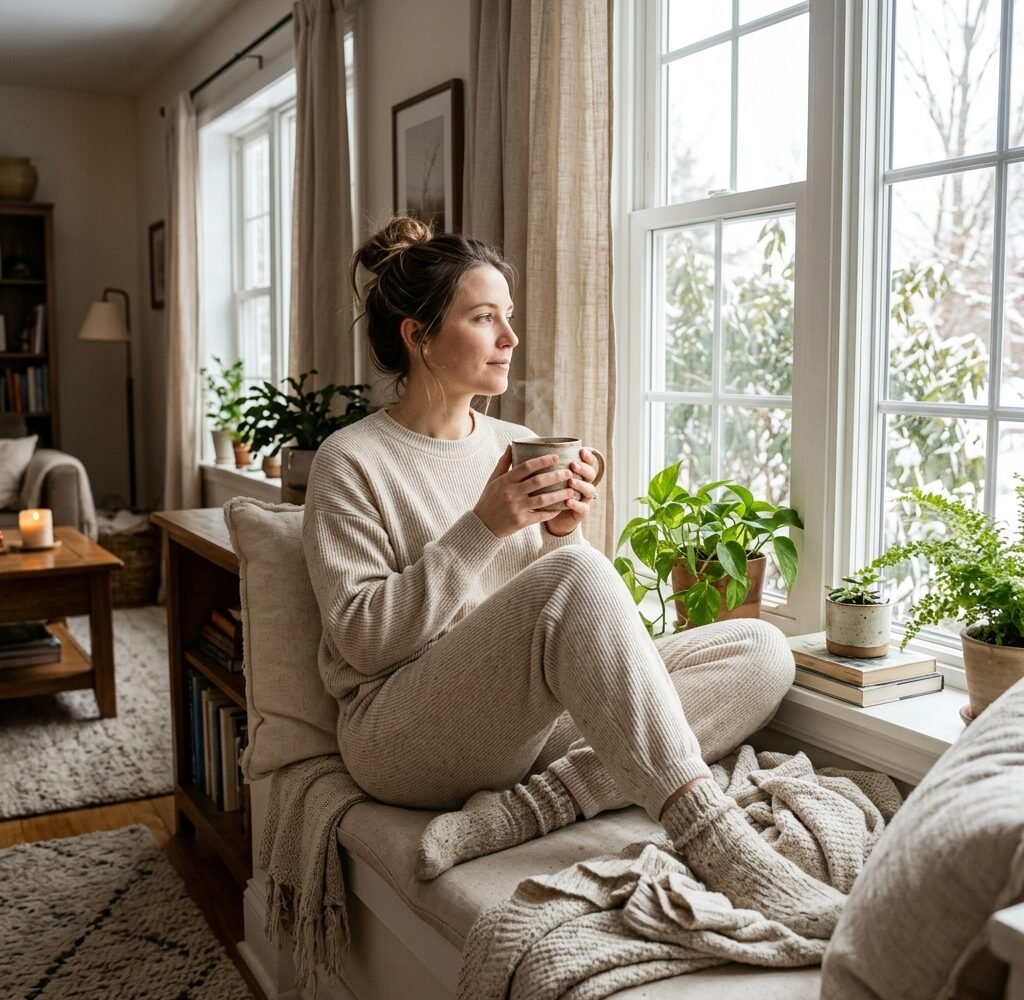 Woman in an oatmeal ribbed knit winter loungewear set holding a mug beside a bright living room window