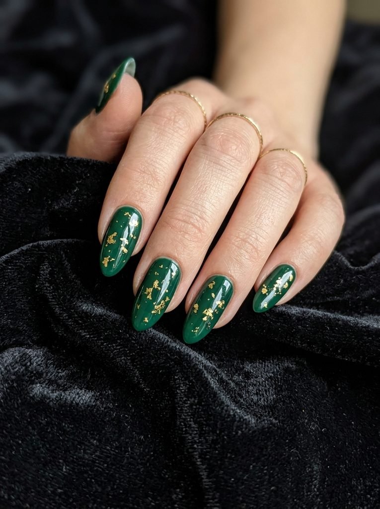 Glossy emerald green nails with gold foil flecks against black velvet