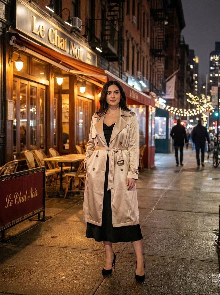 Woman in a champagne satin trench coat over a black dress and heels outside a restaurant at night