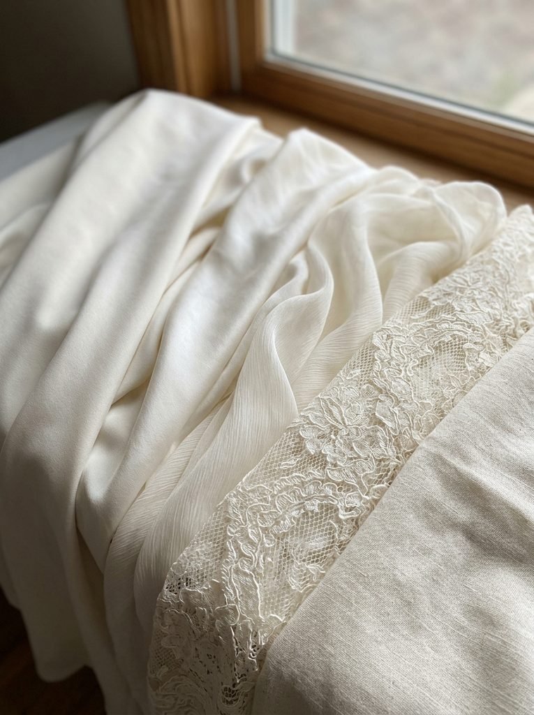 Close-up of ivory matte satin, silk, chiffon, lace, and cotton fabrics beside a window