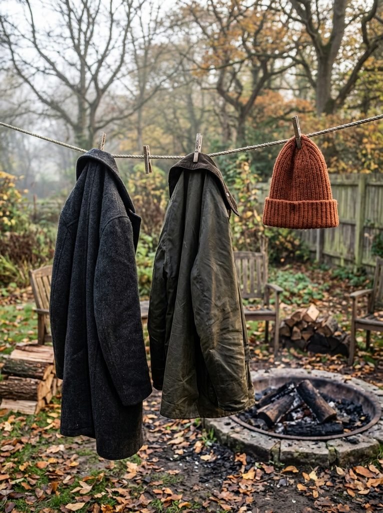 Wool coat, waxed jacket and beanie airing on a line after a bonfire night