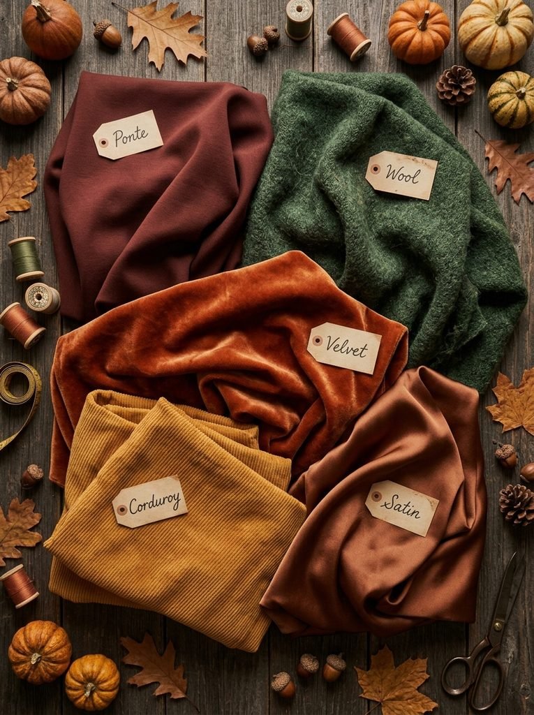 Flat lay of ponte, wool, velvet, corduroy, and satin fabrics in autumn colors for Thanksgiving outfits