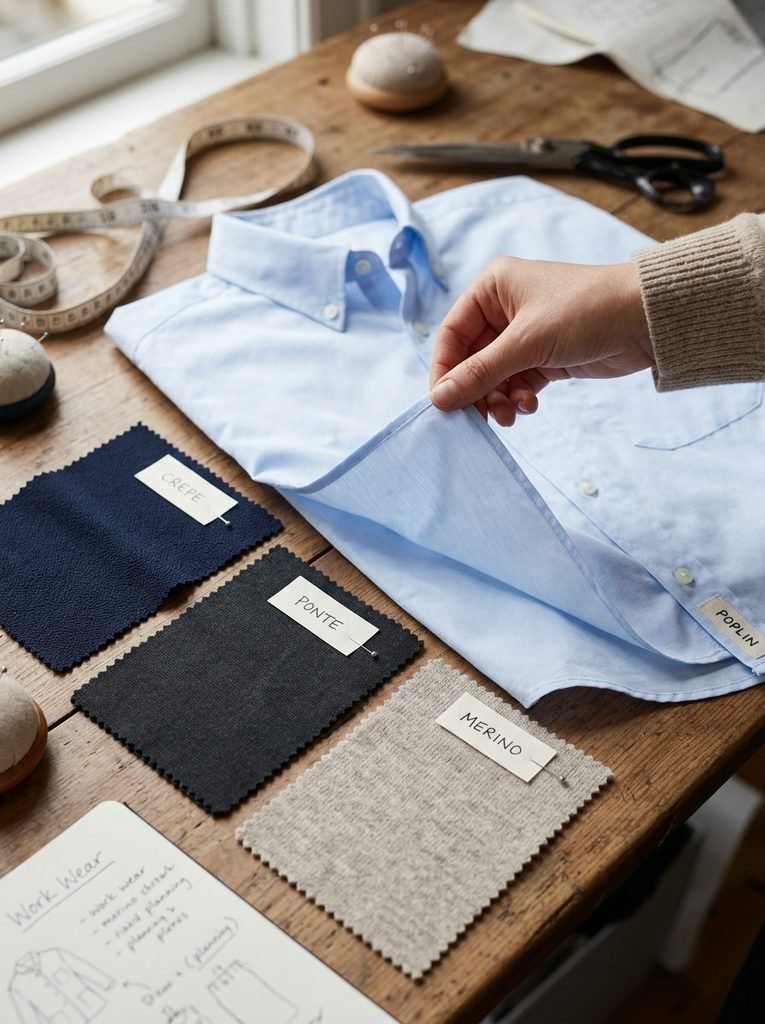 Hand lifting a poplin shirt corner beside crepe, ponte, and merino fabric swatches for work outfits
