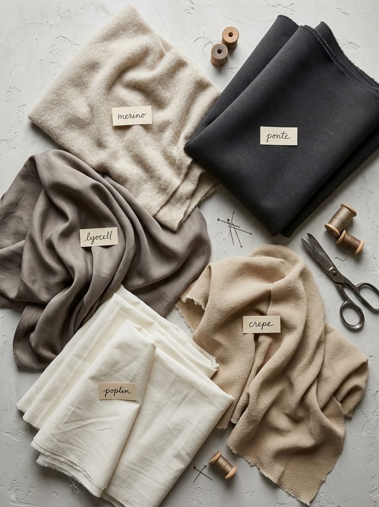 Flat lay of ponte, merino, lyocell, poplin, and crepe fabrics in neutral colors