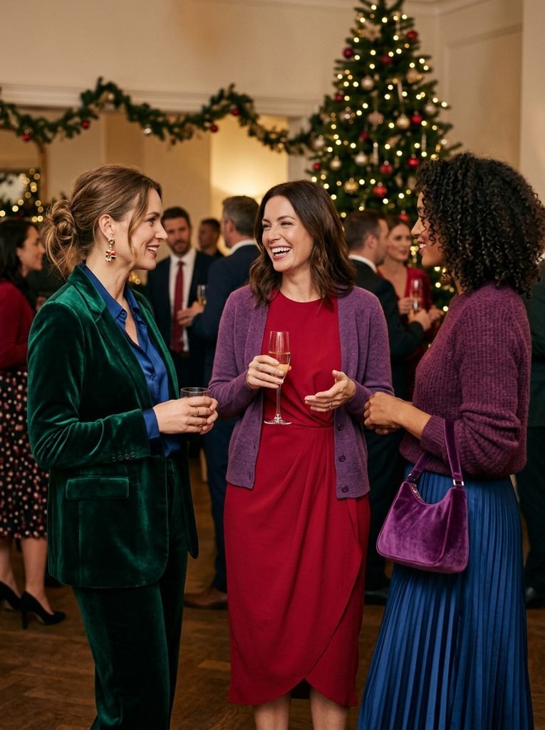 wearin woman velvet, satin, crepe and knit fabrics in jewel tones for work Christmas party outfits