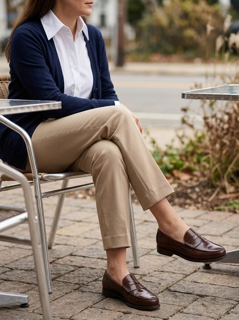  Close-up of a pressed collar, tidy hem, and clean loafers showing smart casual details