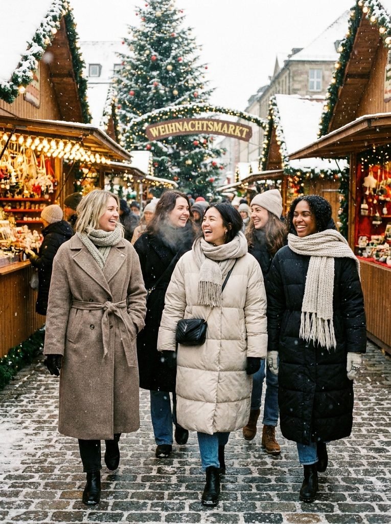woman wearing knit scarf, beanie and mittens holding a cup of mulled wine at a Christmas market