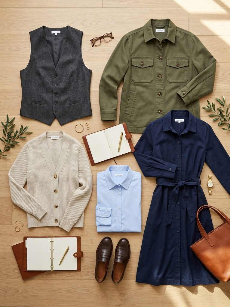 Flat lay of waistcoat, shirt jacket, cardigan, poplin shirt, and shirt dress as alternatives to a blazer for work
