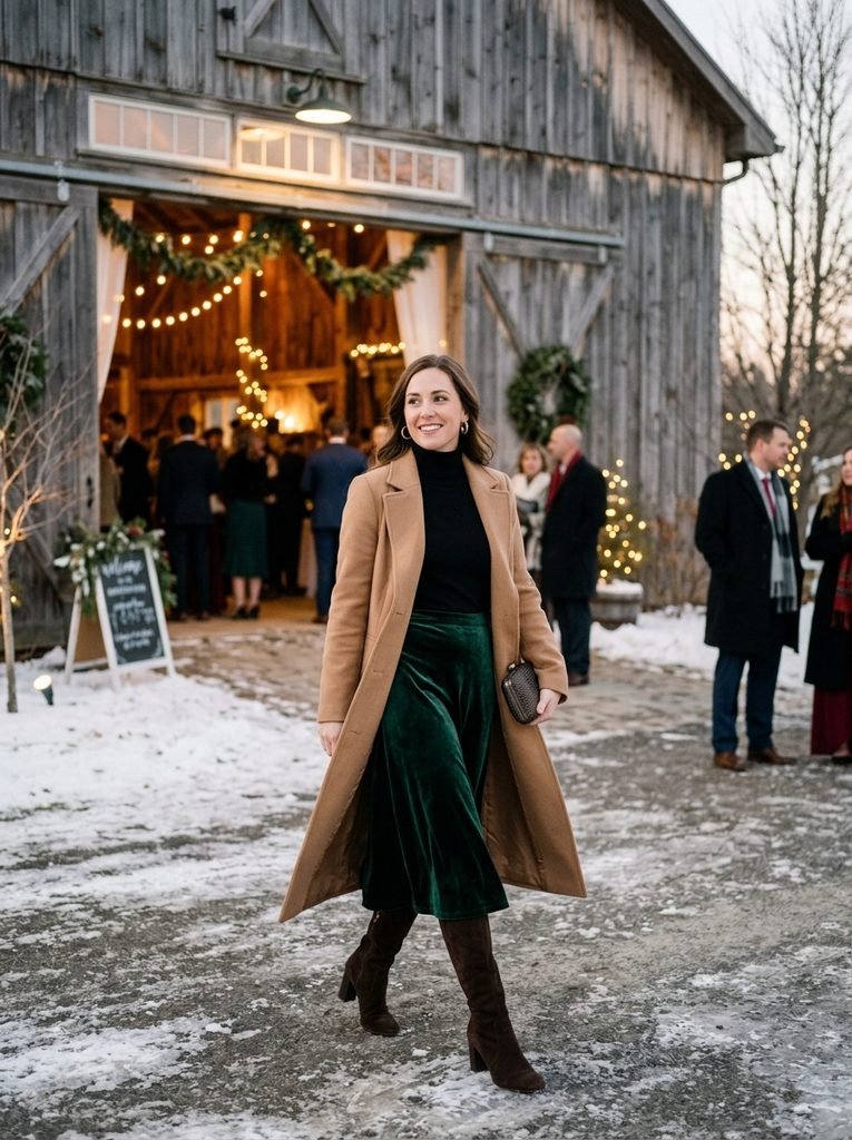 Wedding guest in a velvet skirt, knee-high boots and camel coat at a winter barn venue