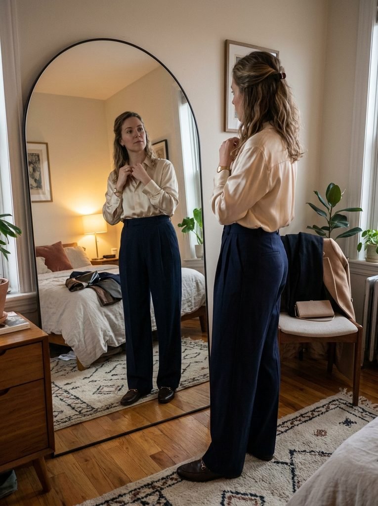 Woman in wide-leg trousers, silk blouse, and loafers checking her theatre outfit in a bedroom mirror