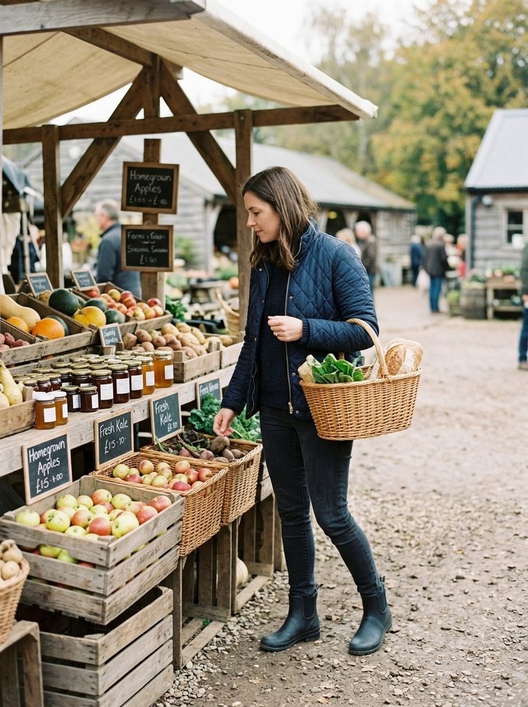 Woman in a navy quilted jacket and short wellies carrying a basket at a farm shop stall