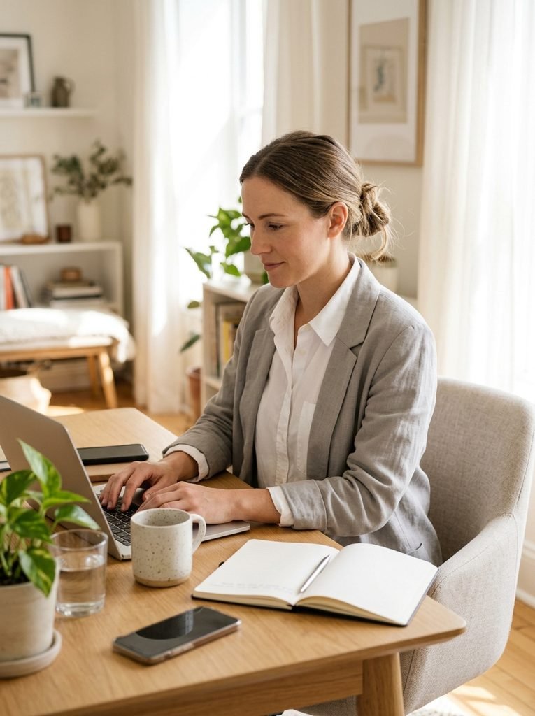 Woman in a poplin shirt and soft grey blazer working at a bright home office desk