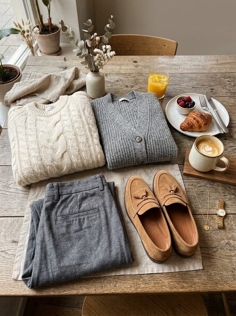 Folded cream and gray knitwear with soft trousers and loafers laid out for brunch