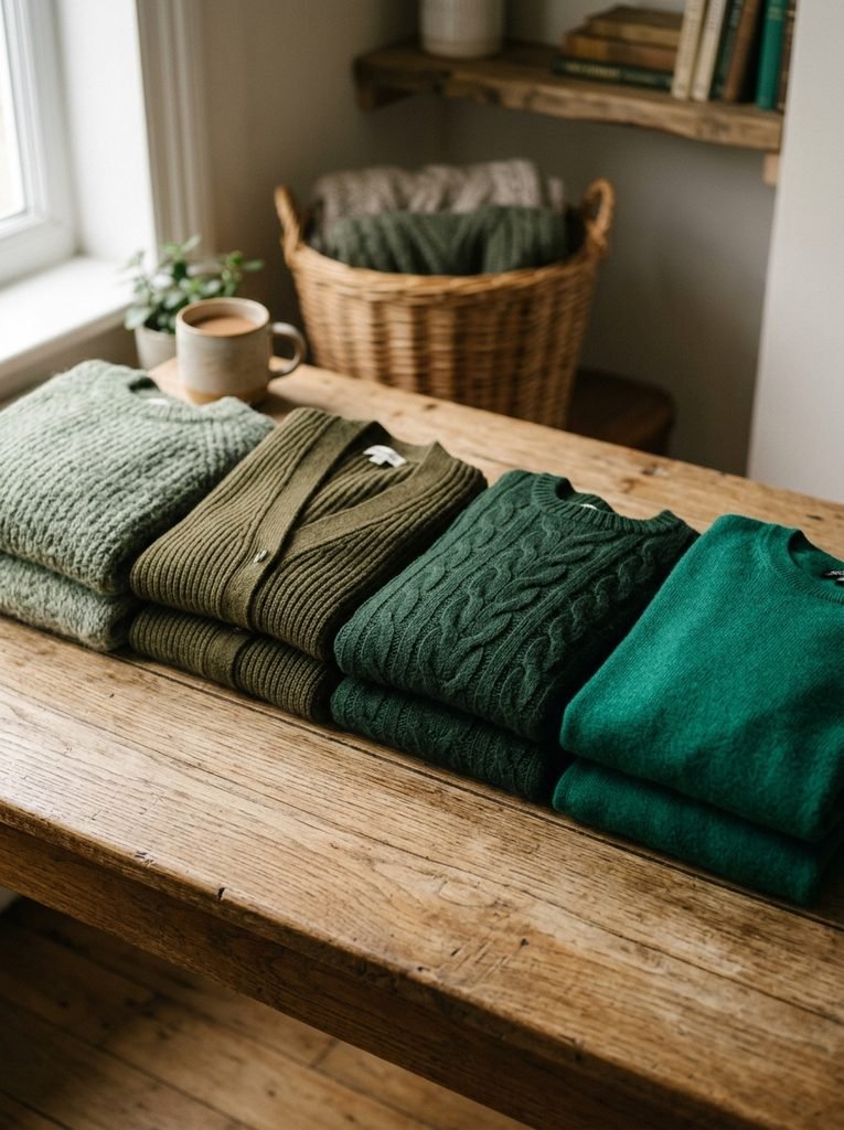 Folded knits in sage, olive, forest and emerald green shades laid out side by side